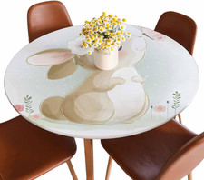 Cute Bunny round Fitted Tablecloth Rabbit Playing with Butterfly Flowers Animal 