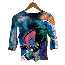 KOLORWAY Vintage 80s Knit Sweater Travel Hand Painted Womens Small Black T800