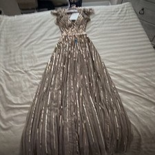 Mac Duggal Gold Nude Sequin Mesh Ruffle Sleeve Ballgown V-Neck Dress Size 2