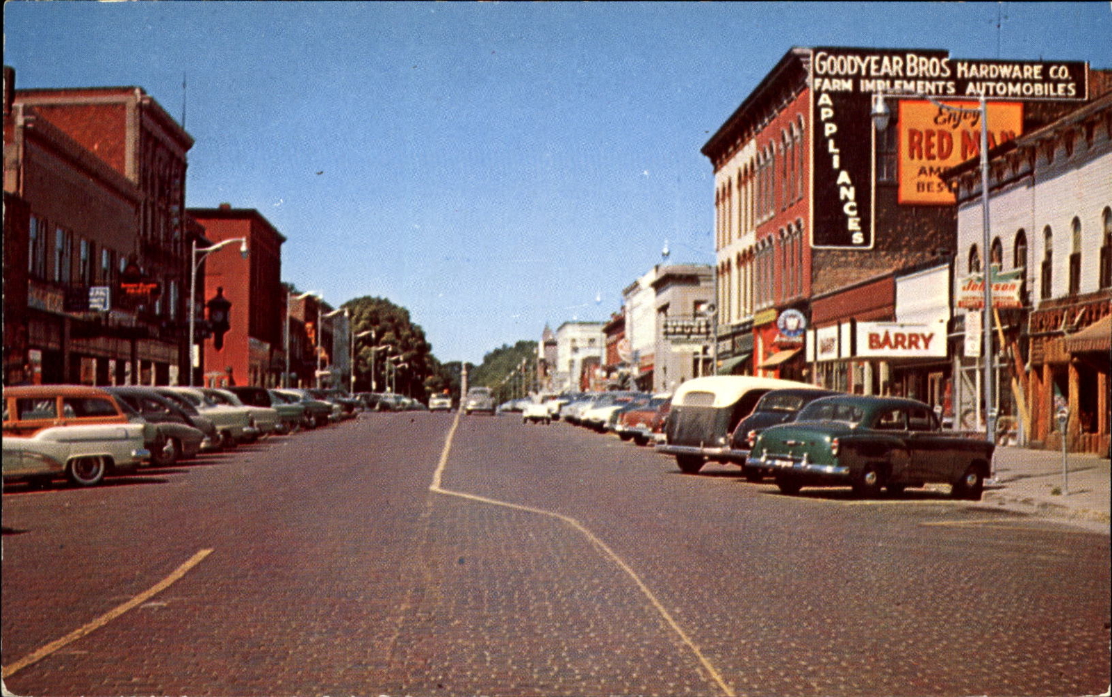 Main Street Hastings Michigan MI Red Man tobacco woodie wagon
