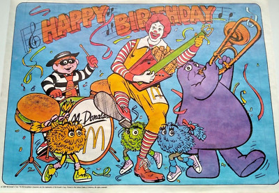VERY HARD TO FIND, 1988 Ronald McDonald, Happy Birthday Placemat - BRAND NEW!!