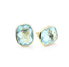 14K Yellow Gold Studs With Cushion Cut Blue Topaz Gemstones