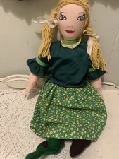 Hand Made 20” Vintage cloth rag Doll blonde yarn hair embroidered face floral