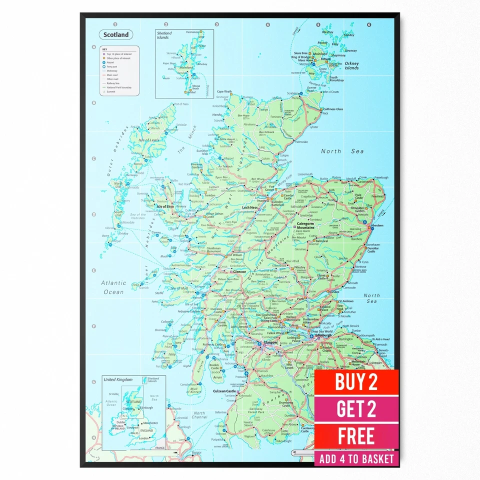 Scotland Map Poster Wall Art Print Educational Map Of United Kingdom Laminated
