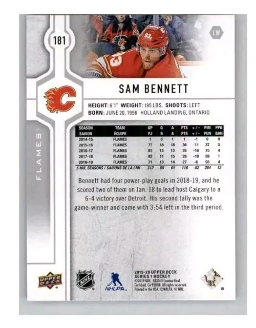 2019-20 Upper Deck - #181 Sam Bennett - Image 2 of 2