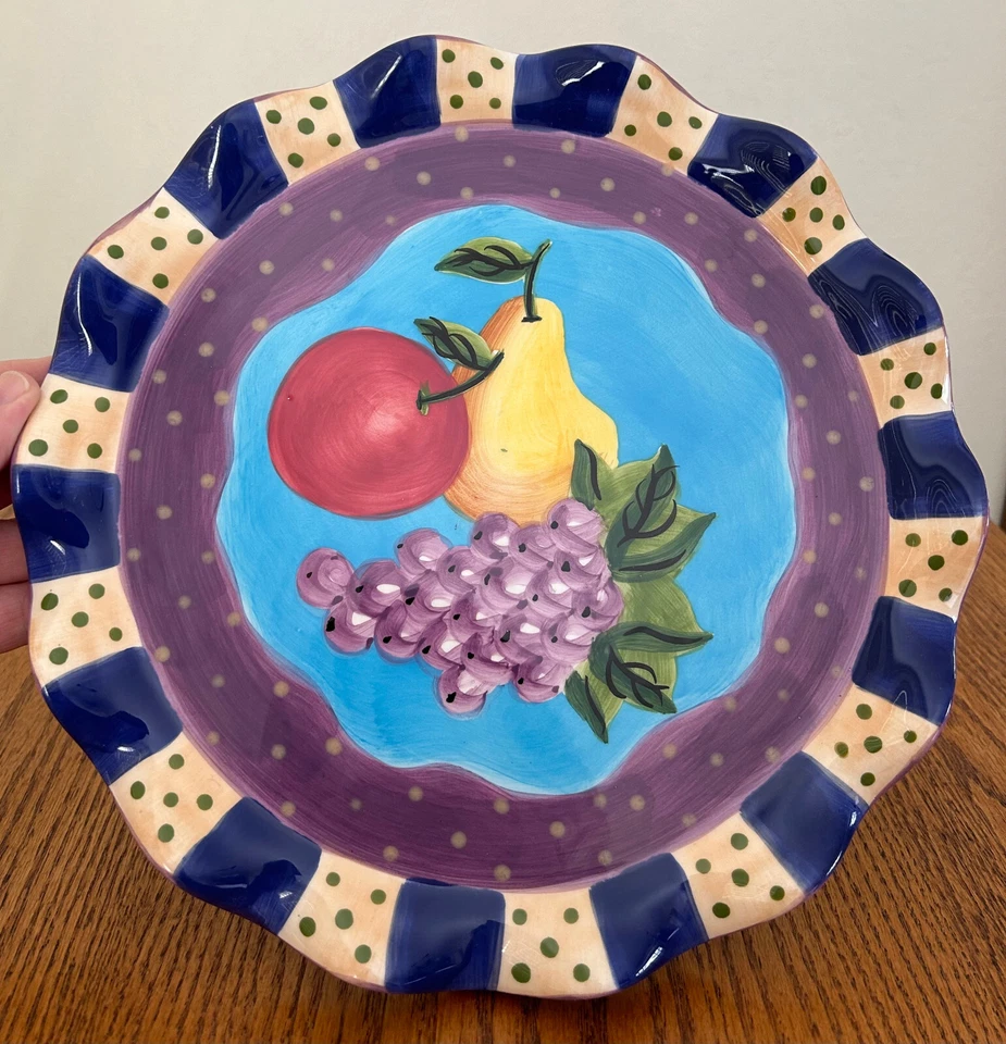 Suporte para bolo vintage PEDESTAL Gantz Bella Casa PÊRA uvas maçã bolinhas azuis EXCELENTE! - Imagem 3 de 4