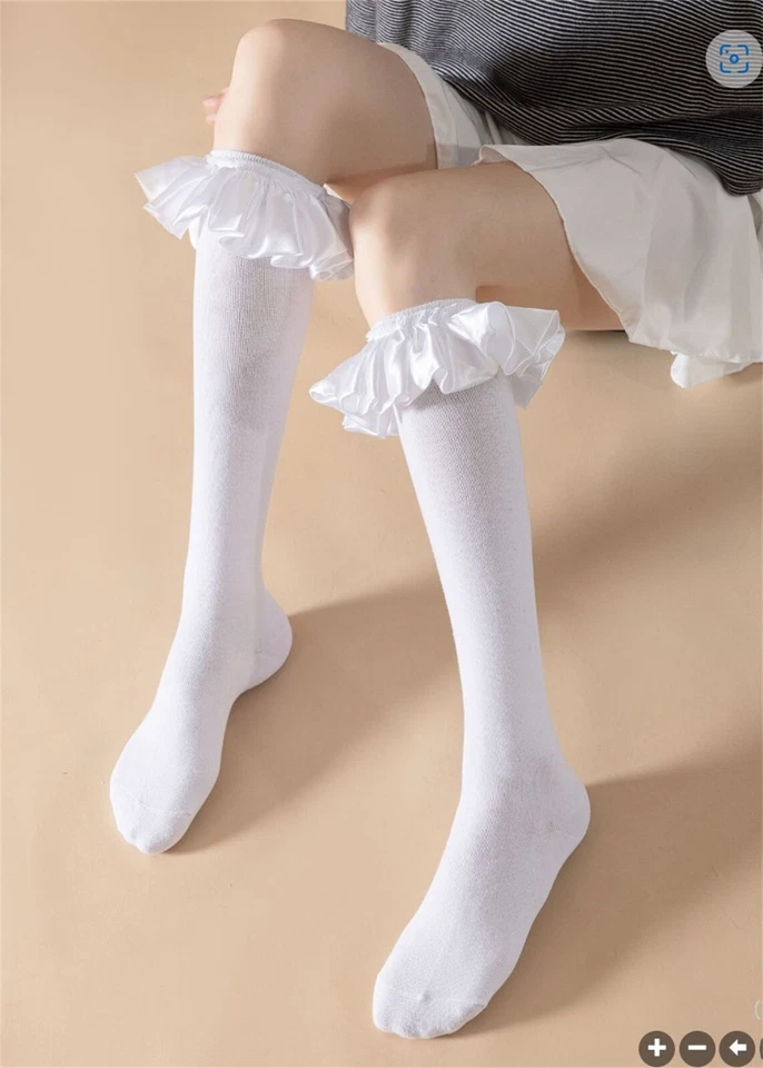 Mujeres Adolescentes Niña Elegante Volantes Volantes Debajo de la Rodilla Blanco Satinado Encaje Vestido Calcetines Largos Foto 2 de 4