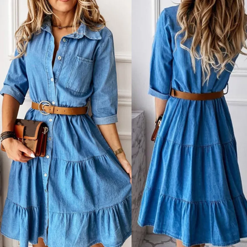 Womens Midi Long Sleeve Dress Jeans Denim Shirt Dress Swing Casual