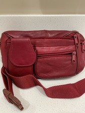 RED GENUINE LEATHER FANNY WAIST PACK MULTI-ORGANIZER/POCKETS/CELL PHONE NEW