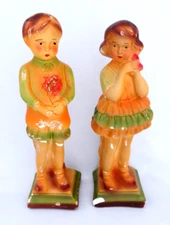 RARE Vntage 1940s A. Backer Chalkware Boy & Girl with Flowers Figurines Repaired