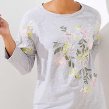 LOFT | Gray Floral Embroidered 100% Organic Cotton Raglan Top Women's Small