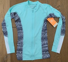 RIP CURL Women's XS Light Blue Teal Black UV Rashguard Long Sleeve Front Zip New