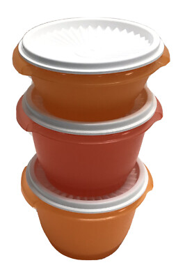 VTG TUPPERWARE SMALL NESTING BOWLS Orange W/PLEATED ONE TOUCH SEALS #886 #1323