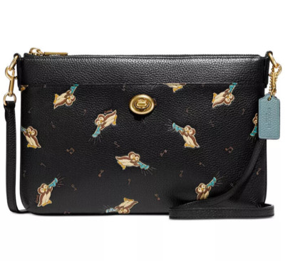 Coach Pebbled Leather Polly Owls Top Zip Crossbody Clutch ~NWT~ Black C6587