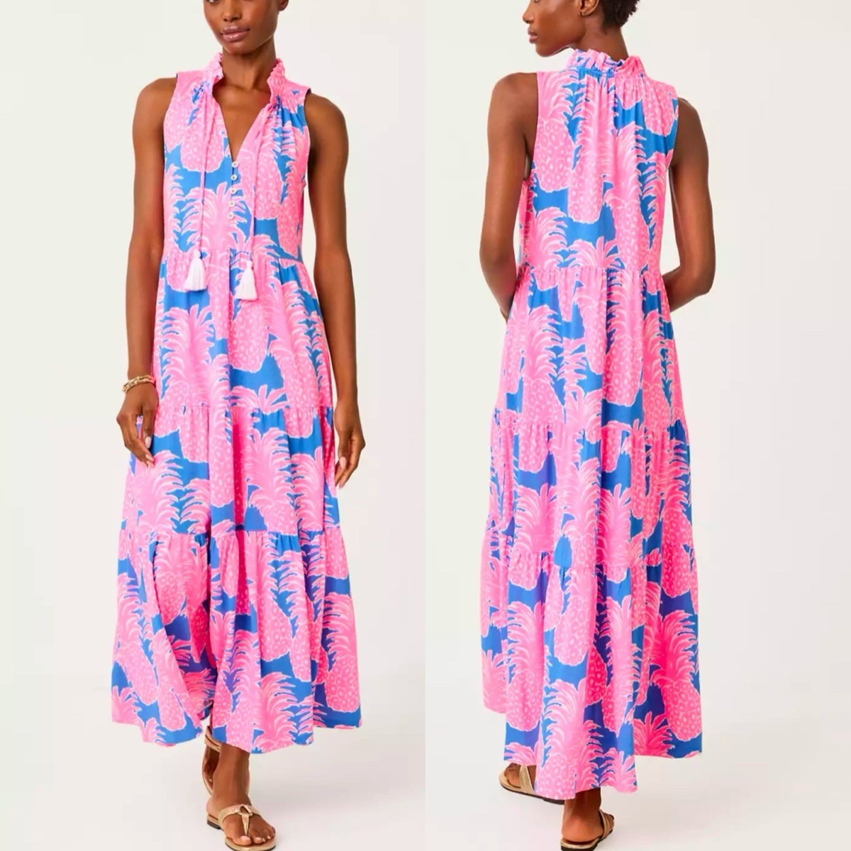 L NWT Lilly Pulitzer Malone Maxi Dress in Blue Haven Little Flamenco  Pineapples | eBay