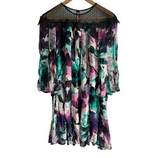 Anthropologie Small Watercolor Floral Pleated Sheer Mesh Yoke Lace Shift Dress