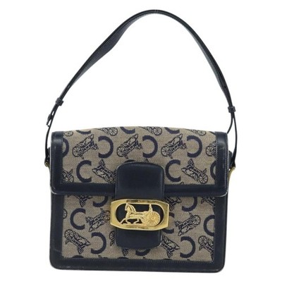 CELINE C Sulky Horse Carriage Shoulder Bag Canvas Navy Gold Auth