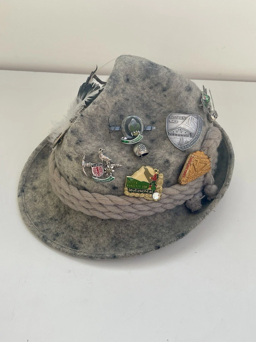 Chapeau Feutre Tyrolien Vintage – Cordon Rouge Blanc, Déguisement Ou Déco