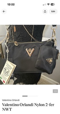 Valentino Orlandi Crossbody Bag w/ Wallet Black Nylon Gold Accents Purse