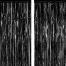 Black Foil Curtain Backdrop 2 Pack Metallic Tinsel Party Decorations