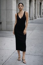 MONKI Ribbed V-neck Midi Dress Black Bodycon Size XL Minimal Office Evening