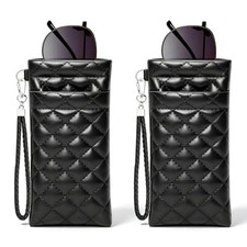 Double Eyeglass Case Squeeze Top Glasses Pouch, Leather Soft Black Black