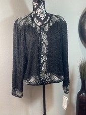 Vintage Black Silk Beaded Sequin Jacket Evening Formal Paisley Size XXXL