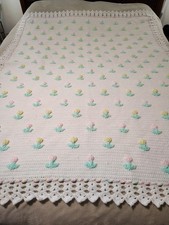 Handmade Crocheted Afghan Blanket 3D Tulips 67"X51" New Nursery Easter Spring