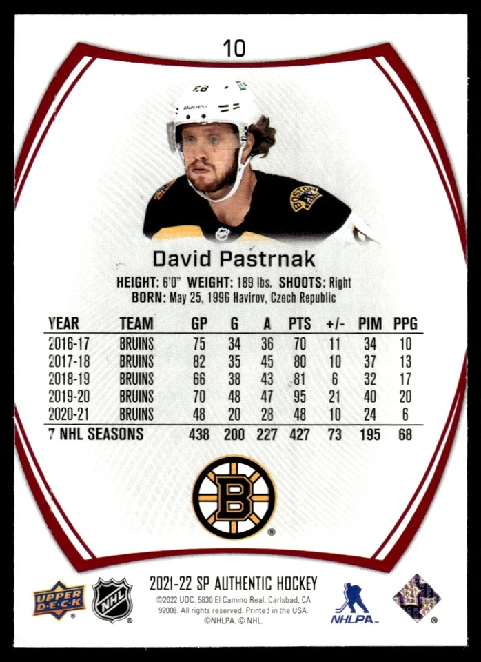 2021-22 SP AUTHENTIC LIMITED RED David Pastrnak Boston Bruins #10 - Image 2 of 2