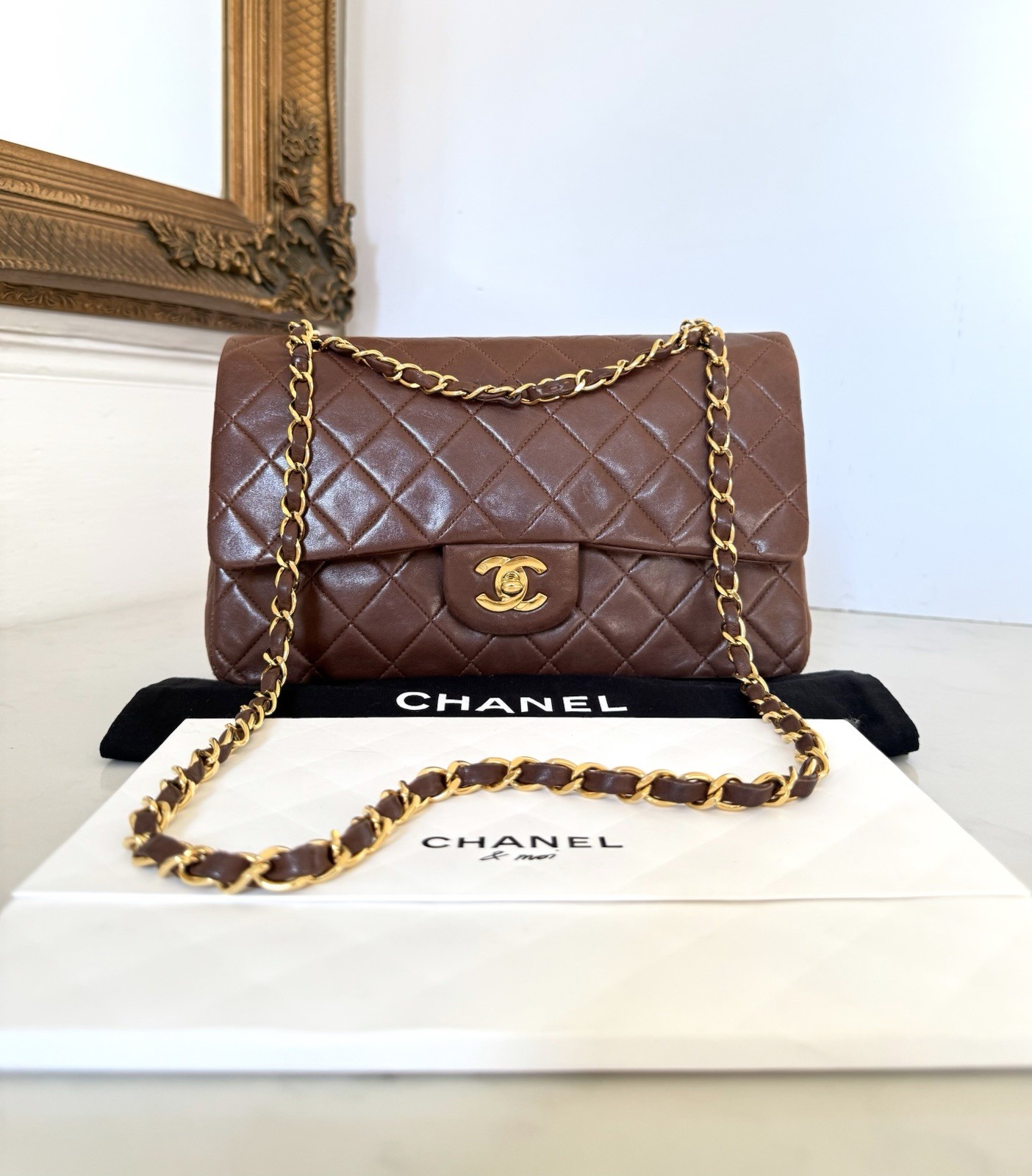 Chanel Classic Medium Double Flap Brown Bag 24kt Gold Hardware Authentic