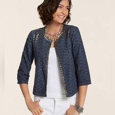 Chico s Embellished Eyelet Pattern 3/4 Sleeve Faux Denim Jacket Size 2