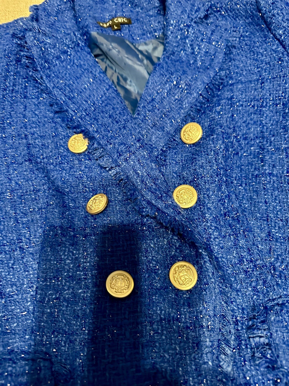 Boho Chic Women's Metallic Royal Blue Frayed Trim Tweed Boucle Blazer Jacket L
