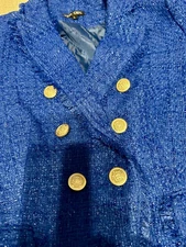 Boho Chic Women's Metallic Royal Blue Frayed Trim Tweed Boucle Blazer Jacket L