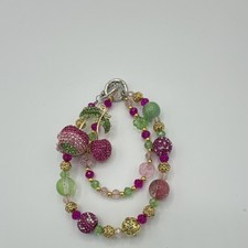 SPARKLING CHERRIES Beaded Detachable Bag Charm/Key Chain Pink Green Gold