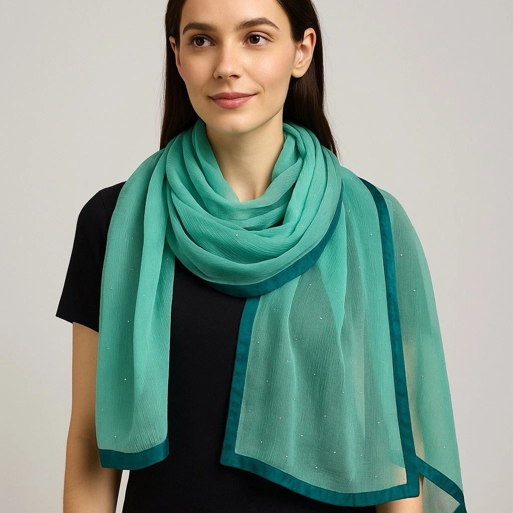 Vintage Sheer Silk Scarf Stole Artsy OOAK Boho Indie Fairy XXL 82x41” Green