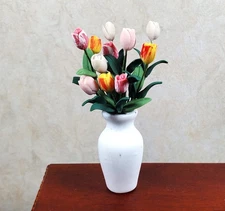 Dollhouse Assorted Tulips with Foliage in Large White Vase 1:12 Scale Miniature