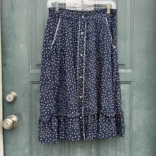 Vtg Prairie Skirt Blue Small Floral Print With Lace Trim Bottom Closer Sz 11-12