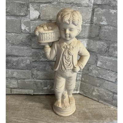 Vintage White Plaster Statuette  Boy with Basket Figurine Classic Home Décor
