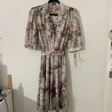 Vtg California Looks Women’s Dress 8P Beige Floral Collared Cinch Waist Belt USA