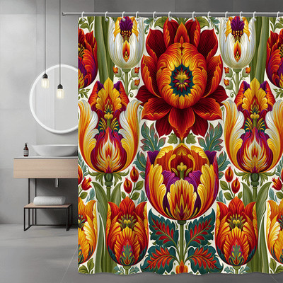 Floral Tulip Pattern Shower Curtain, Red Orange Yellow Botanical Print