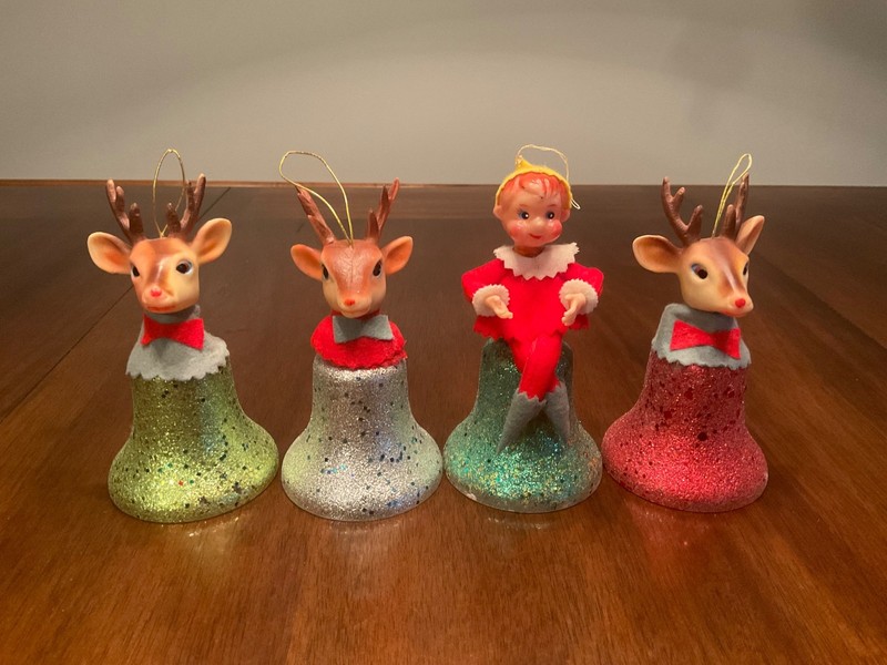 Vintage Christmas Montgomery Ward plastic glitter deer elf ornament set rare HTF