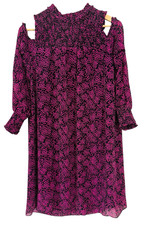 Michael Kors Women Smocked Skater Dress Tunic M Cold Shoulder Pink Purple