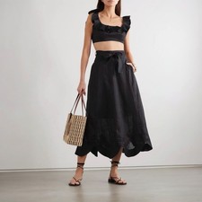 Zimmermann Riders Scalloped Midi Skirt Size 0 AU 8 / US 4 Black Linen Belted