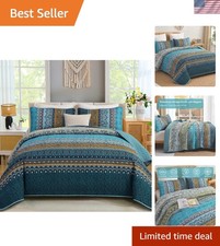 Teal Bohemian 3-Piece King Quilt Set - Lightweight Floral Bedspread 104"x90"