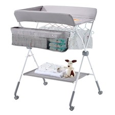 Foldable Baby Changing Table with Adjustable Height, Wheels  Storage Basket