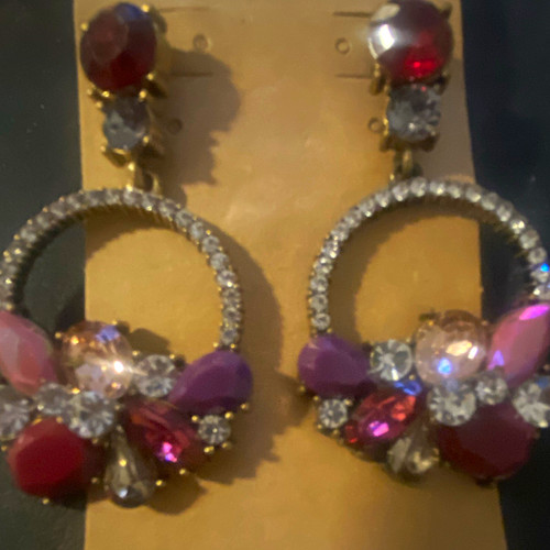 Gold Tone Multicolor Clear Crystal Rhinestone Cluster Dangle Hoop Earrings