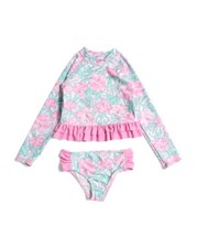 Tommy Bahama 3T Girls 2 Pc L/S Rash Guard Tankini Swimsuit Pink Ruffle Hibiscus