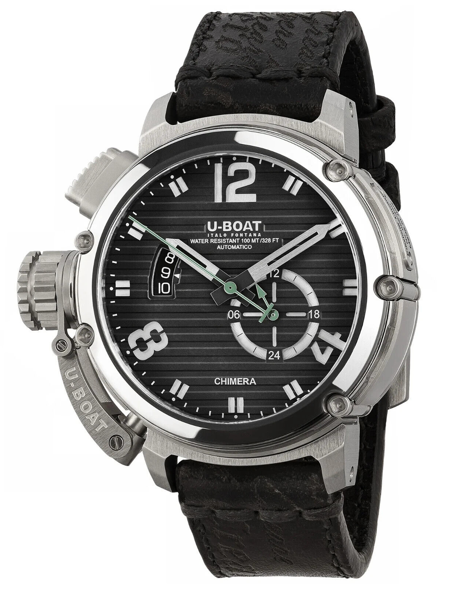 New U-Boat CHIMERA 46MM SS NERO Black Dial Leather Band Men's