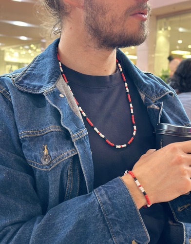 28" Bead Necklace + FREE 7" Bracelet Jim Morrison The Doors Red White Black  - Picture 2 of 8