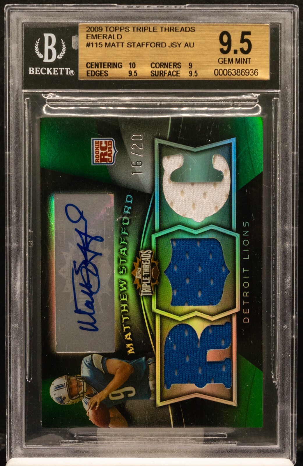 Matthew Stafford Topps Triple Threads #115 Autograph Jersey-Emerald